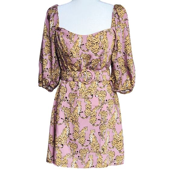 Lavender Brown Mauve Pink Belted On or Off Shoulder Cheetah Print Dress Size S - Picture 4 of 13